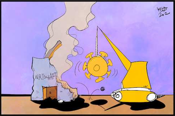 Karikatur: Coronavirus als Abbruchkugel trifft rauchendes Gebäude mit Schrift 'WIRTSCHAFT'.